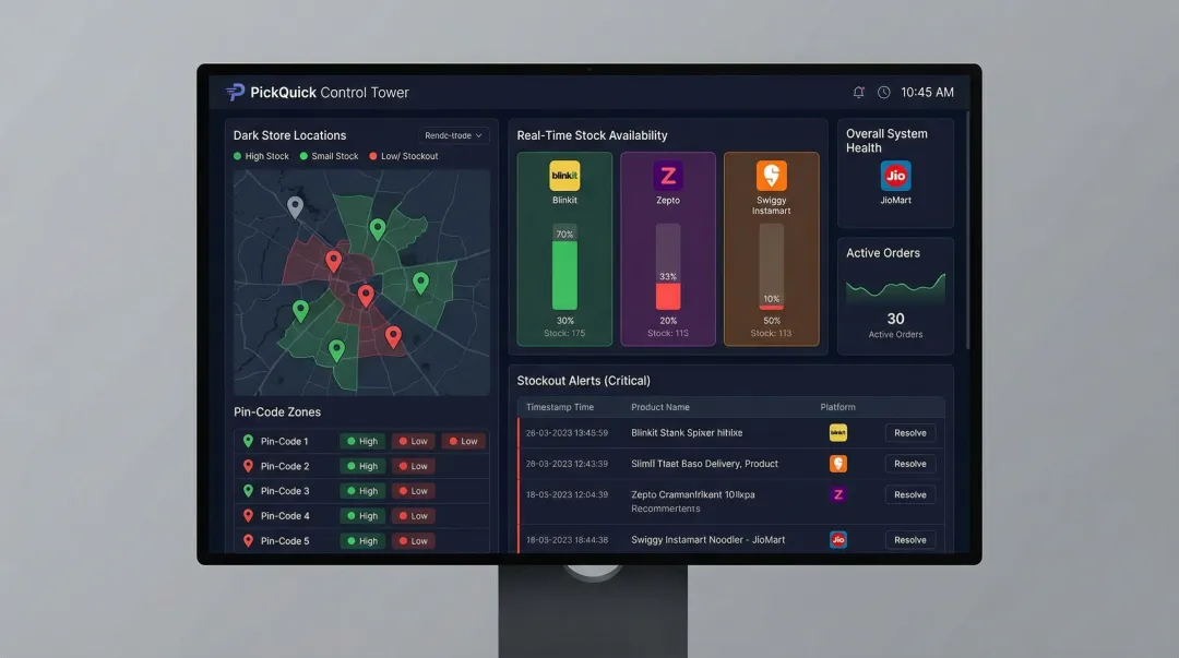 PickQuick Quick Commerce Control Tower dashboard showing real-time pin-code stock availability