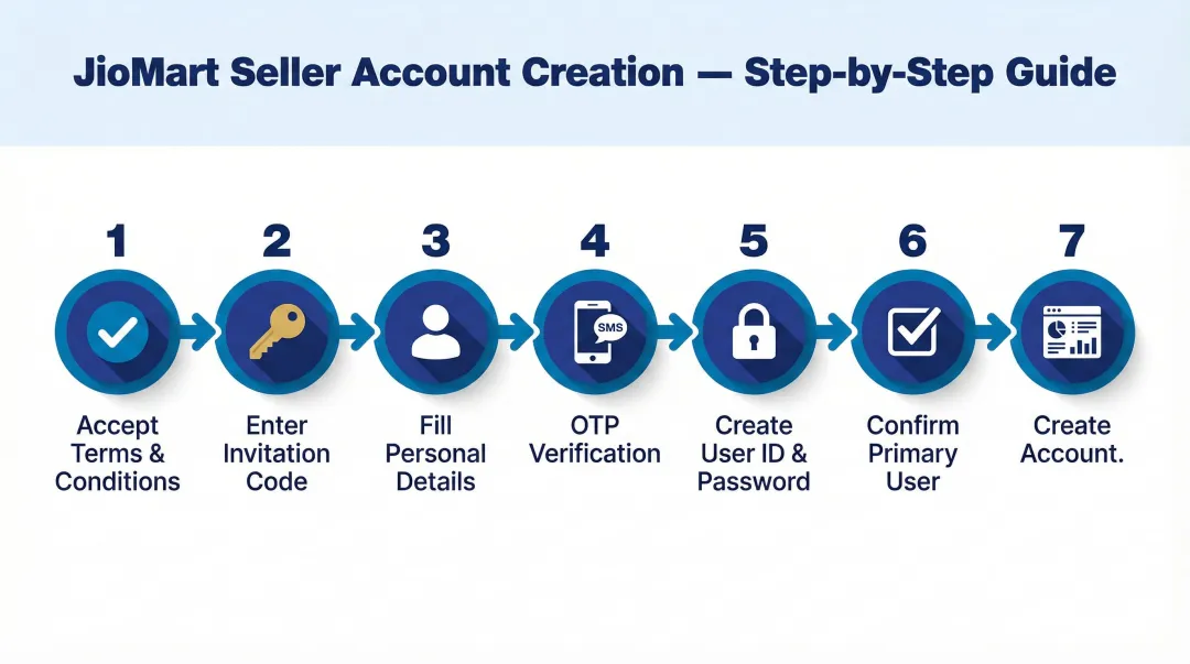 7-step JioMart seller account creation process flow infographic