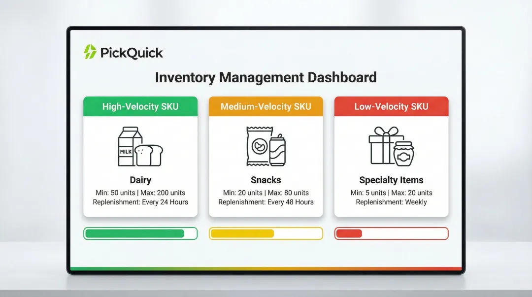 Min-Max inventory threshold tiers for high medium and low velocity SKUs