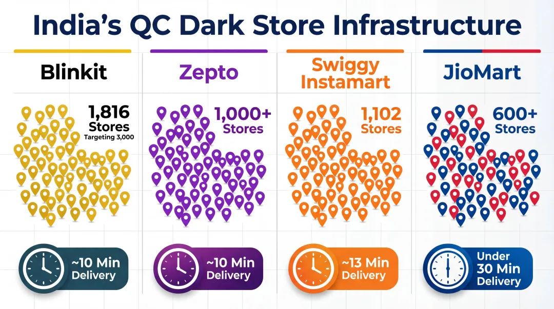 India quick commerce platform dark store count and delivery time comparison chart
