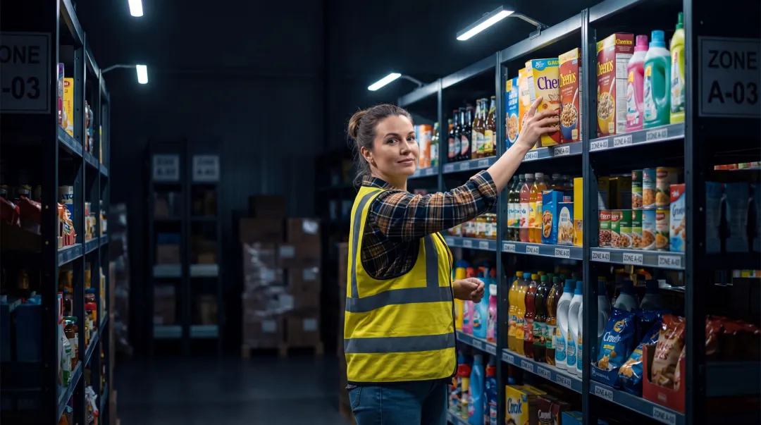 Dark store worker picking FMCG inventory items from warehouse shelves