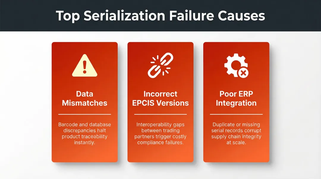 Three common GS1 serialization failure types data mismatch EPCIS version ERP integration