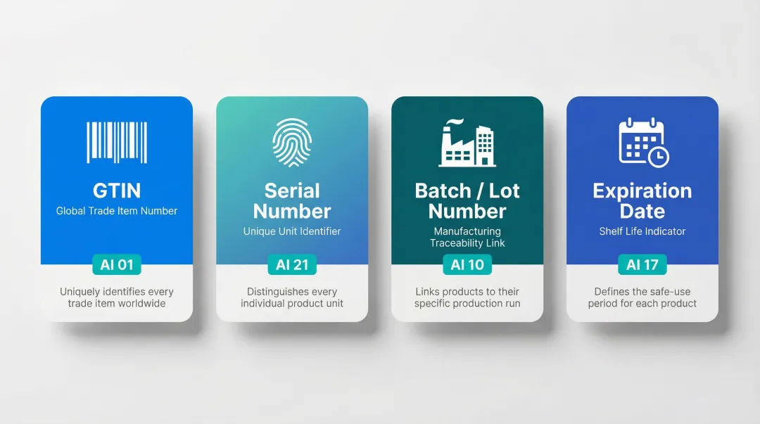 Four GS1 serialization components GTIN serial number batch expiry date overview