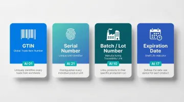 Four GS1 serialization components GTIN serial number batch expiry date overview