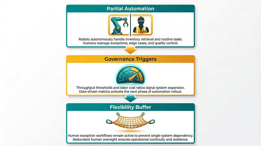 Phased hybrid dark warehouse automation model with three implementation components and governance triggers