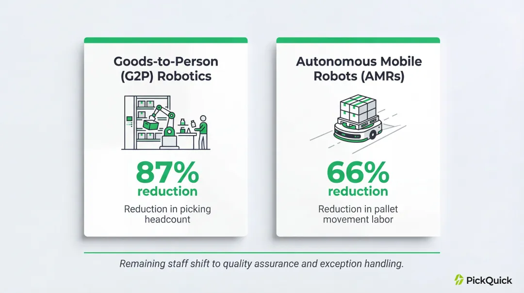 Dark warehouse automation labor cost reduction percentages for G2P robotics and AMRs