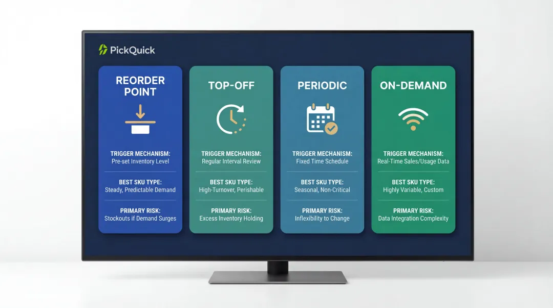 Four inventory replenishment methods comparison chart trigger SKU type and risk