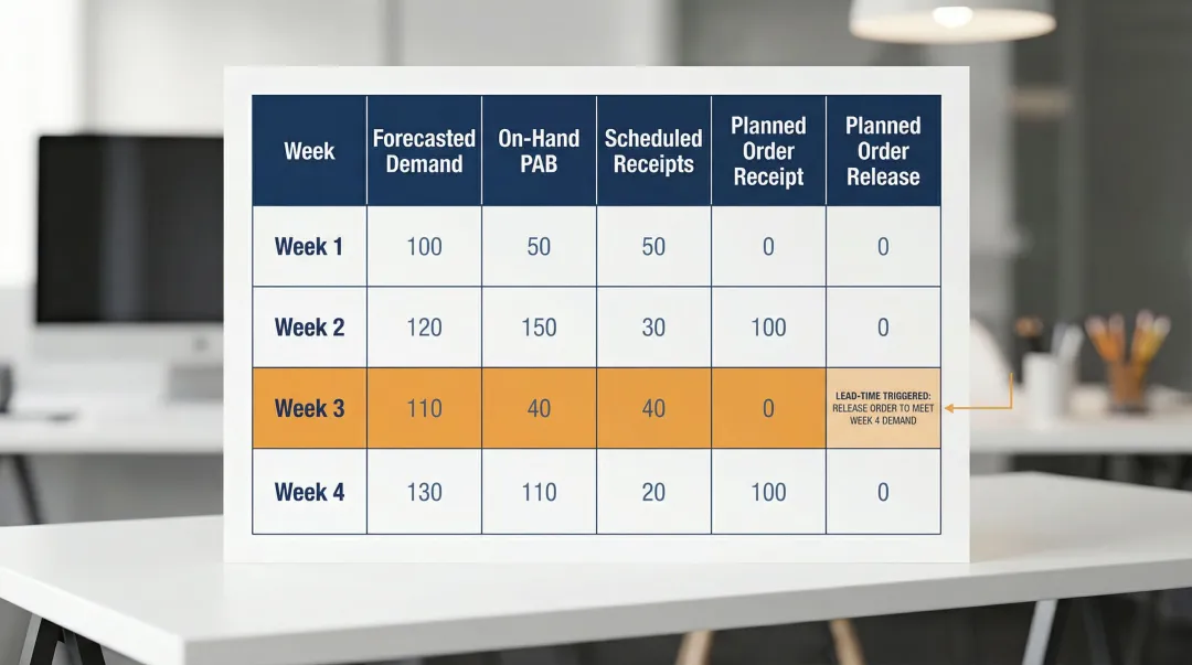 DRP time-phased weekly planning grid showing projected available balance and order release