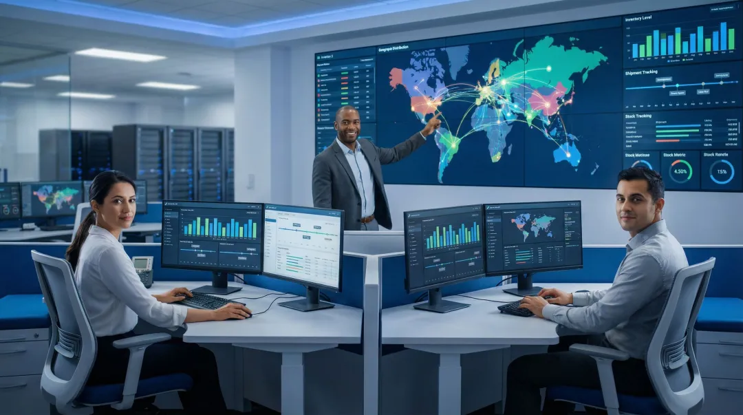 Supply chain operations center with analysts monitoring live inventory dashboards