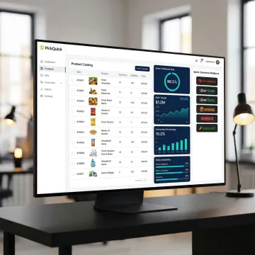 Quick commerce catalog management dashboard showing SKU listings across multiple platforms