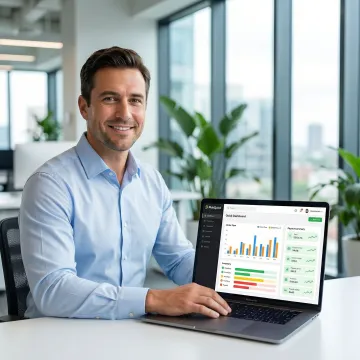 Brand manager reviewing Blinkit Seller Hub dashboard with order and inventory metrics