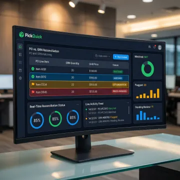 Automated purchase order matching dashboard showing PO, GRN, and invoice reconciliation for quick commerce brands