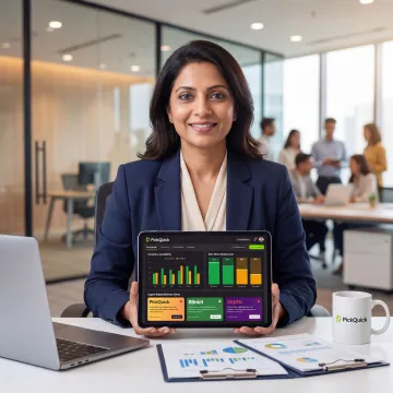 DTC brand manager reviewing real-time inventory availability data on a tablet dashboard