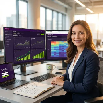 Brand manager analyzing Zepto ad performance metrics and sponsored campaign results on a dashboard