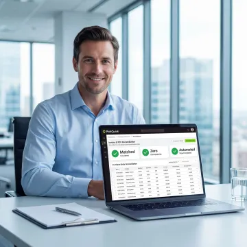 Finance professional reviewing automated invoice reconciliation results on a laptop with matched PO and invoice data