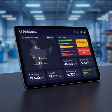 PickQuick inventory management platform showing food and beverage stock availability across dark stores