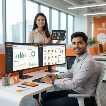 Quick Commerce professional managing Swiggy Instamart seller operations on multiple screens