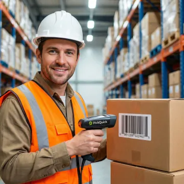 GS1 barcode scanner reading product packaging in warehouse setting