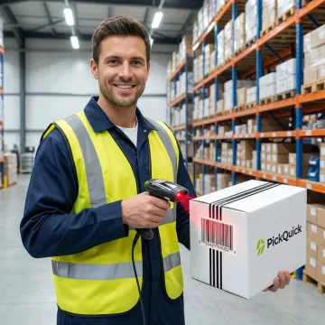 GS1 barcode scanner reading product UPC code in warehouse setting