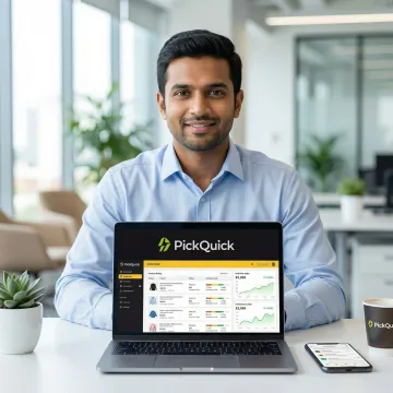 Professional managing Blinkit seller dashboard on laptop with product inventory