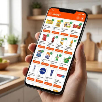 Brand products displayed on JioMart app interface with catalog listings and shopping cart
