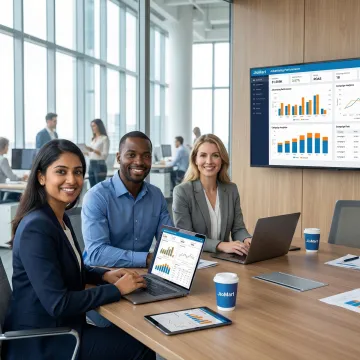 Marketing team analyzing JioMart campaign data on multiple screens