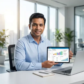 Brand manager reviewing JioMart product performance analytics and inventory reports on tablet device