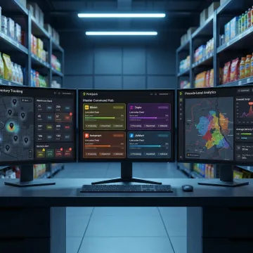 Quick commerce operations control center with multiple platform dashboards and inventory management