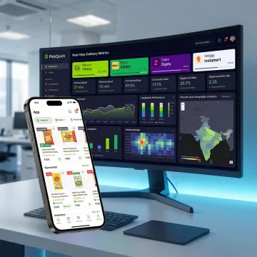 Quick commerce marketing strategy with mobile shopping app interface and delivery dashboard analytics