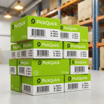 Product packaging with GS1 barcode and measurement labels for quick commerce compliance