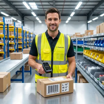 Warehouse worker scanning GS1 barcode on FMCG product carton