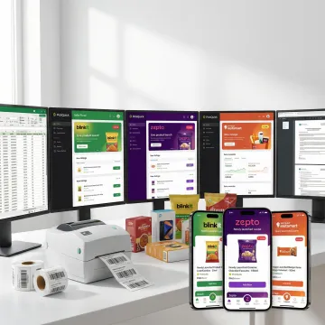 Quick commerce platform onboarding dashboard showing Blinkit, Zepto, Instamart seller registration