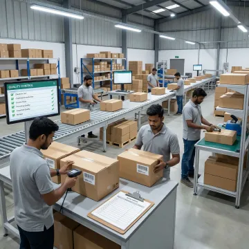 Modern warehouse packaging station with barcode scanning and quality control