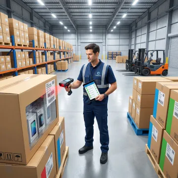 Quality control specialist inspecting product packaging with barcode scanner