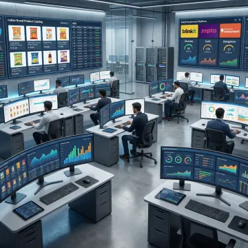 Professional eCommerce catalog management dashboard displaying product listings across multiple Quick Commerce platforms