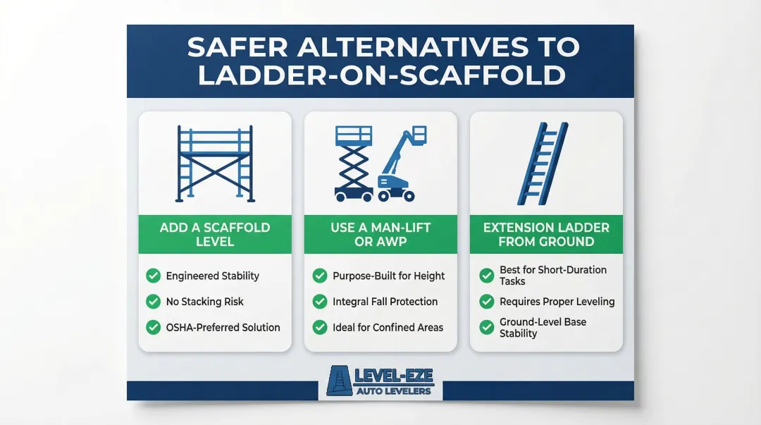 Three safer alternatives to placing step ladder on scaffolding comparison infographic