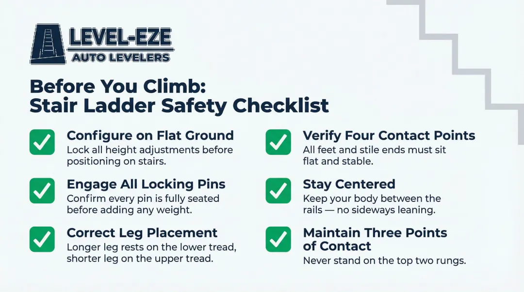 Six-point pre-climb adjustable ladder stair safety checklist infographic