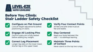 Six-point pre-climb adjustable ladder stair safety checklist infographic