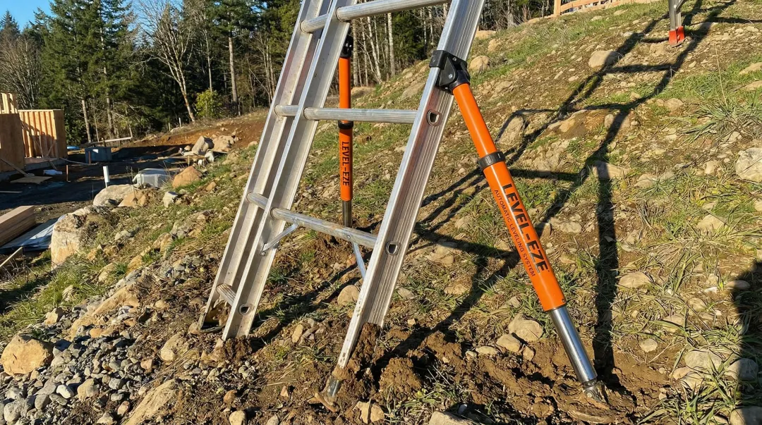 Level-EZE automatic ladder leveler installed on extension ladder on sloped terrain
