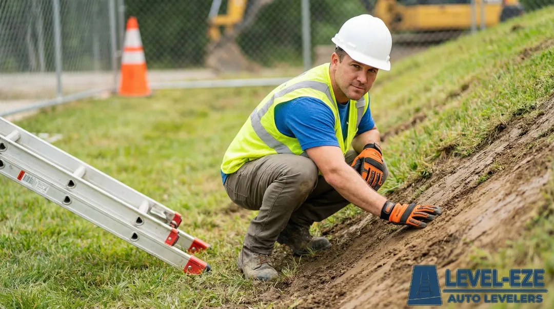 Construction worker assessing sloped ground conditions before ladder setup outdoors