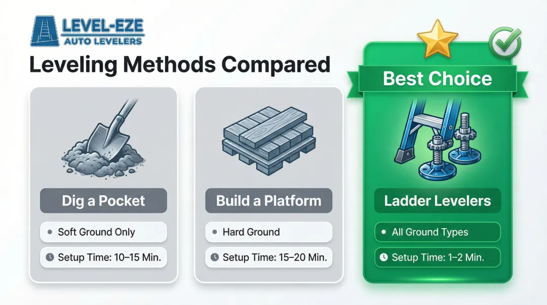 Three ladder leveling methods on slopes comparison process flow infographic