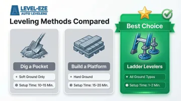 Three ladder leveling methods on slopes comparison process flow infographic