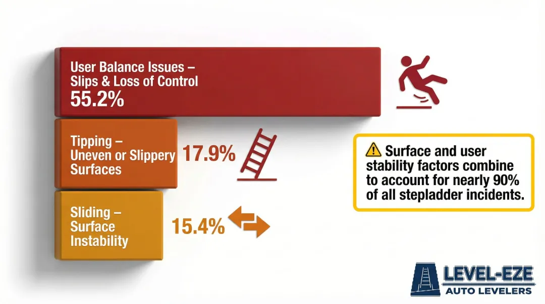 Stepladder fall causes breakdown showing tipping sliding and balance incident percentages