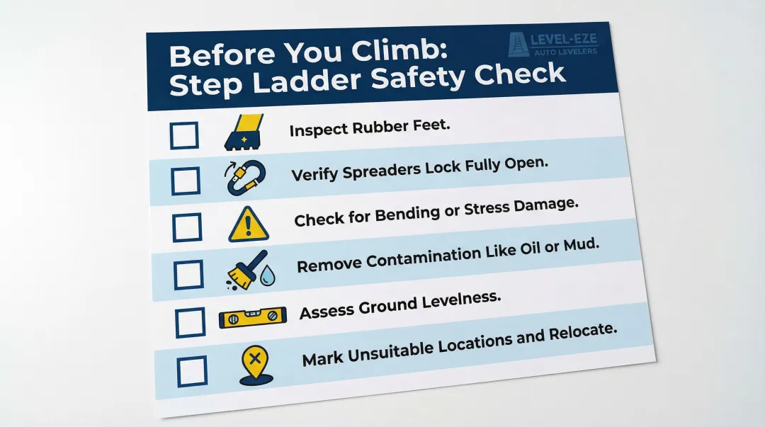 Six-point step ladder pre-use inspection checklist infographic for safe setup