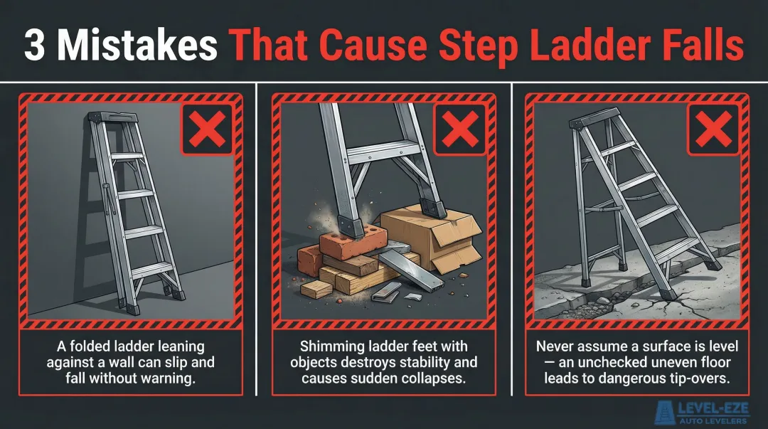 Three common step ladder safety mistakes on uneven ground warning infographic