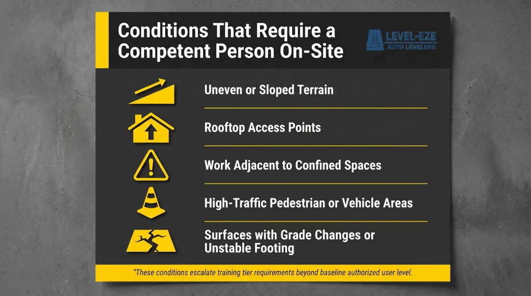 Five job site conditions requiring competent person ladder safety oversight infographic