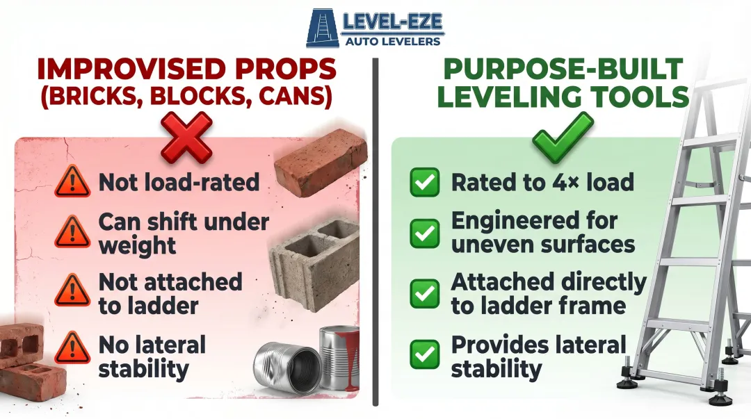 Four dangers of improvised ladder leveling props versus rated leveling devices comparison