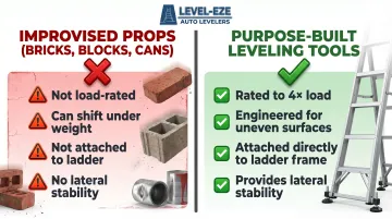 Four dangers of improvised ladder leveling props versus rated leveling devices comparison