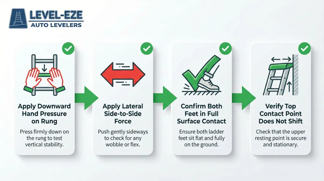 4-step ladder stability test process before climbing on stairs infographic