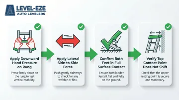 4-step ladder stability test process before climbing on stairs infographic